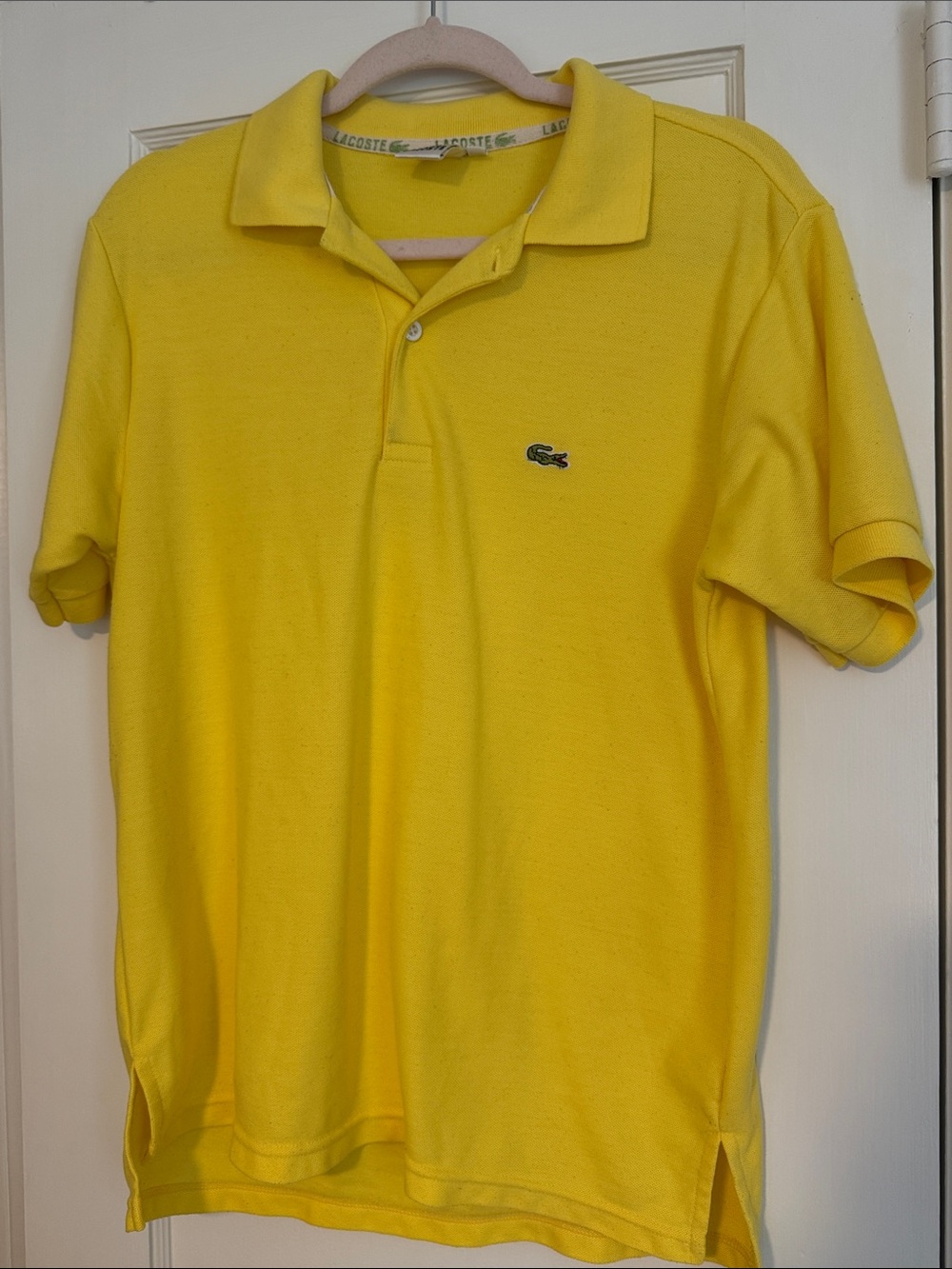 Vintage Lacoste Men's Bright Yellow Pique Polo with Embroidered Crocodile